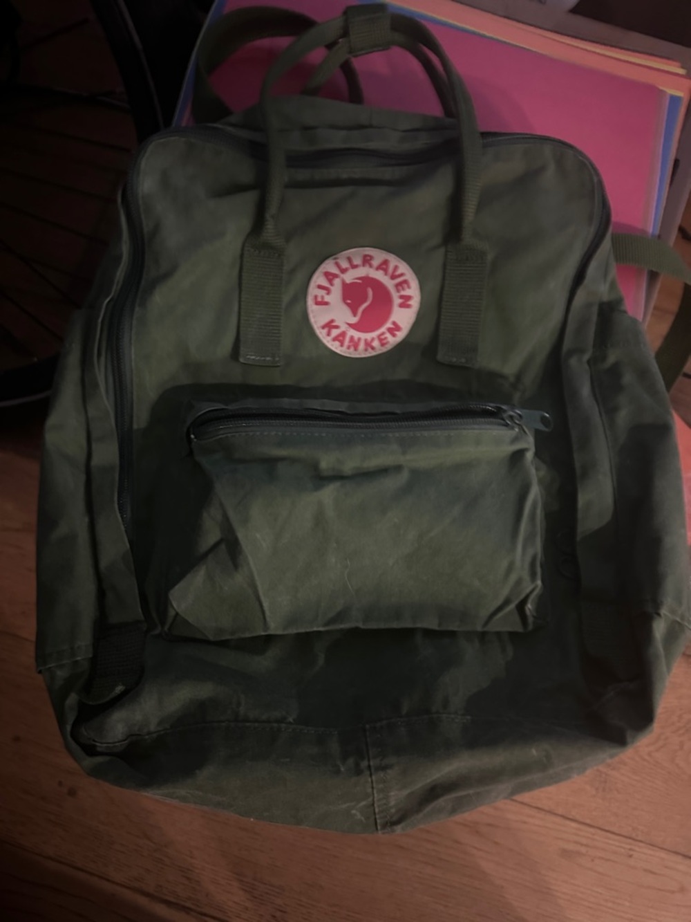 Fjallraven Kånken Backpack in Olive Green with Red Patch